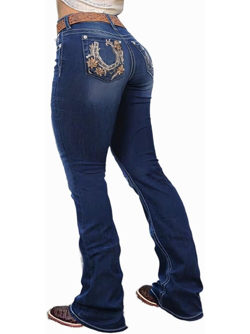 Women's Ice Blue Wash Pull On Mid Rise Flare Leg Zipper Lifting Bootcut Jeans